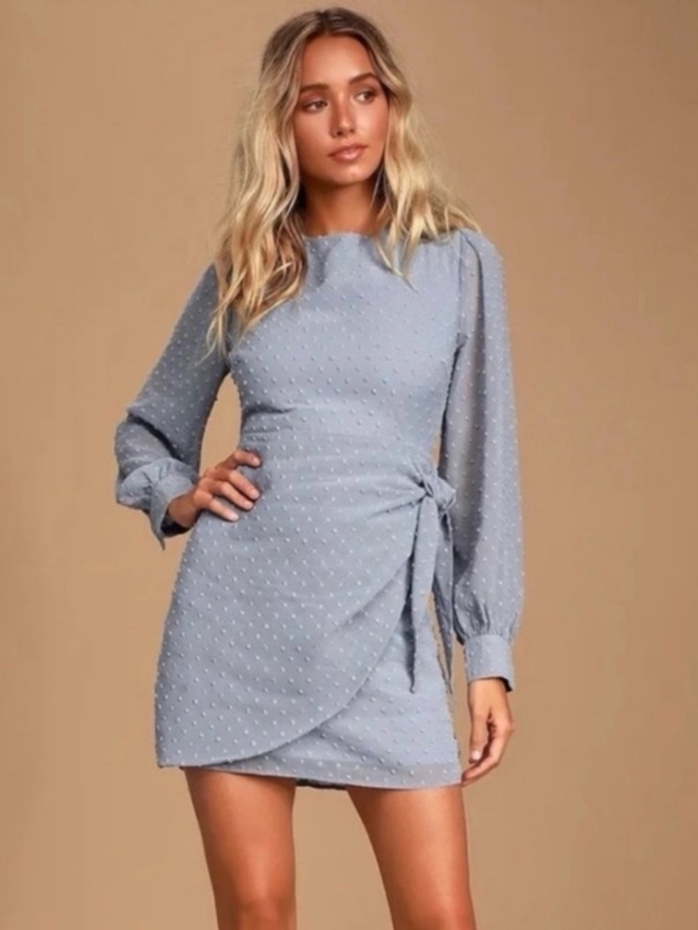 Lulu's Dusty Blue Swiss Dot Long-Sleeve Tie-Waist Mini Dress